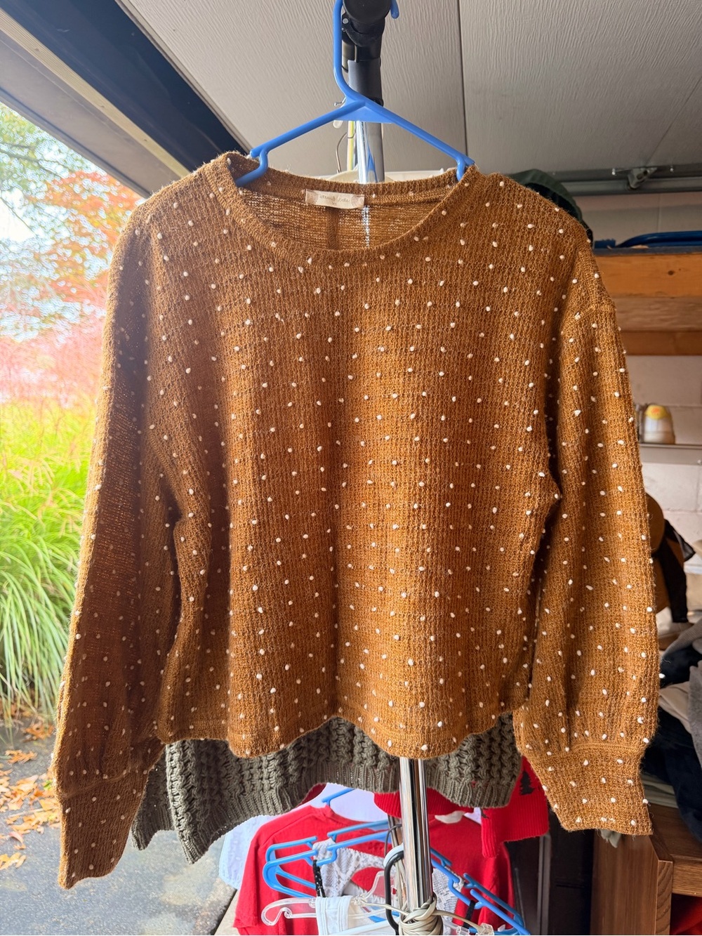 Altar'd State Chestnut Brown Pearl-Dotted Crewneck Sweater
